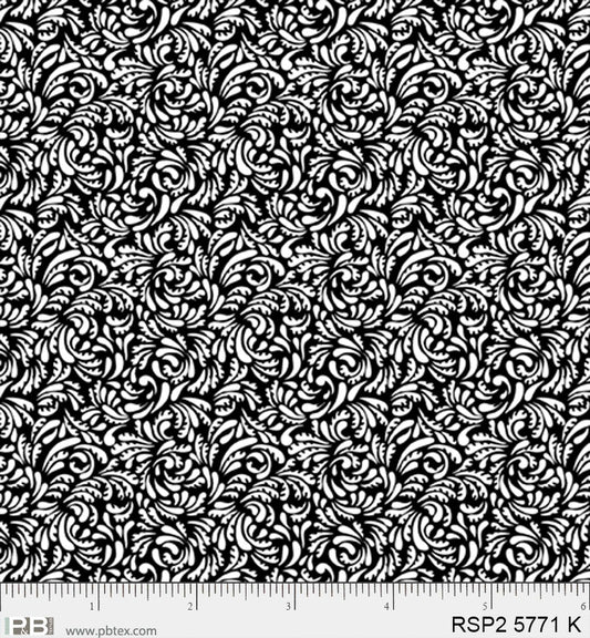 Salt & Pepper II - Feather Scroll, Black - PER 1/4 YARD