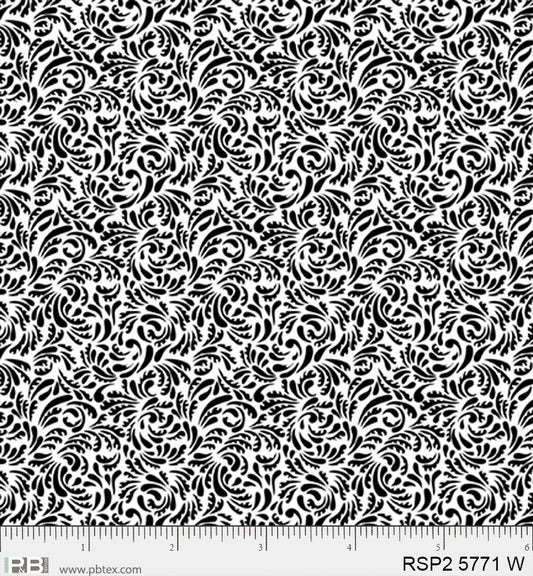 Salt & Pepper II - Feather Scroll, White - PER 1/4 YARD