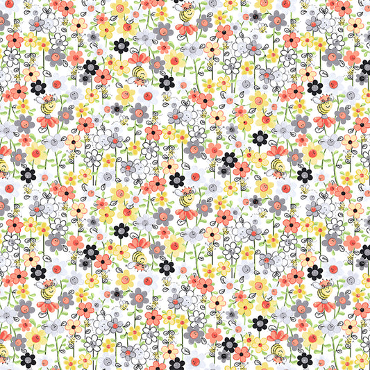 Sweet Bees - Mini Floral & Bees, White - PER 1/4 YARD