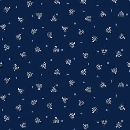 The Gift of Light - Small Menorahs, Dark Blue  - PER 1/4 YARD