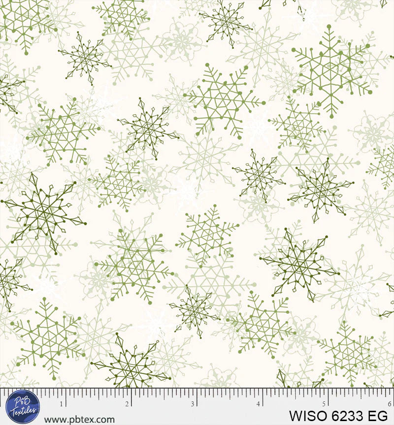 Winter Song - Layered Snowflakes, Ecru/Green - PER 1/4 YARD