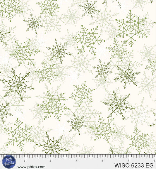 Winter Song - Layered Snowflakes, Ecru/Green - PER 1/4 YARD