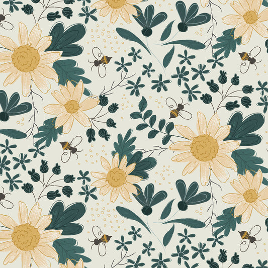 Honey Bee - Large Sunflowers, Cream - PER 1/4 YARD