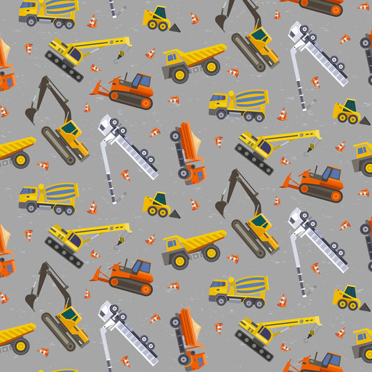 Let's Go! - Construction Vehicles, Gray - PER 1/4 YARD