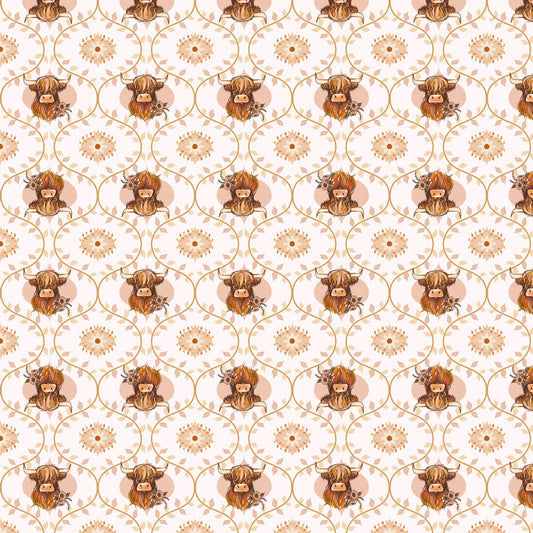 Coneflower Corral - Highland Cows, White - PER 1/4 YARD