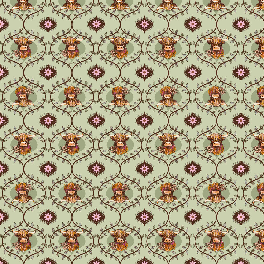 Coneflower Corral - Highland Cows, Light Olive - PER 1/4 YARD