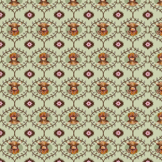 Coneflower Corral - Highland Cows, Light Olive - PER 1/4 YARD