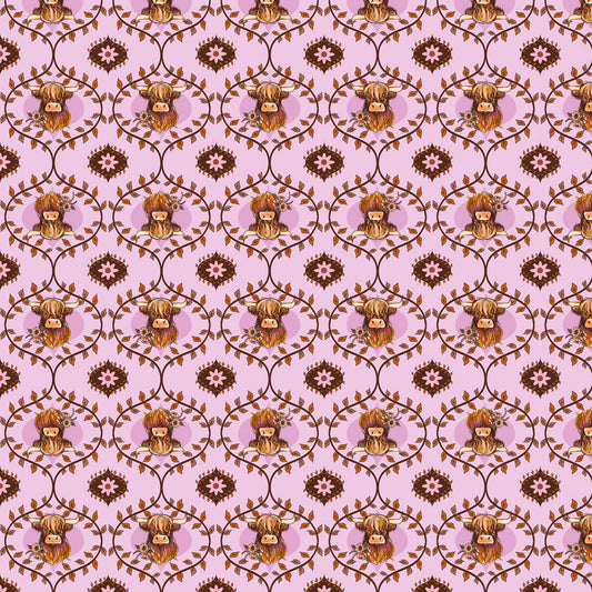 Coneflower Corral - Highland Cows, Light Eggplant - PER 1/4 YARD