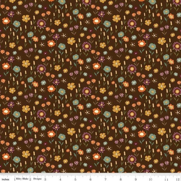The Awe of Autumn, Floral Brown - PER 1/4 YARD