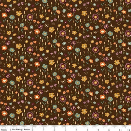 The Awe of Autumn, Floral Brown - PER 1/4 YARD